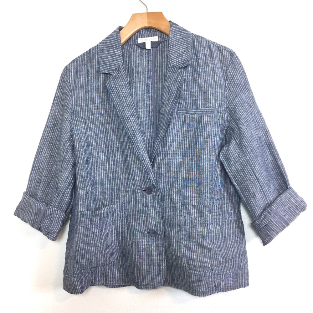 Eileen Fisher Blue Linen Striped Blazer Jacket S